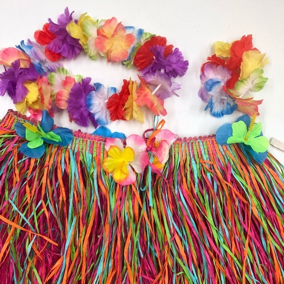 Pink & Orange Hawaiian Grass Skirt With Leis, M - Picture 4 of 8